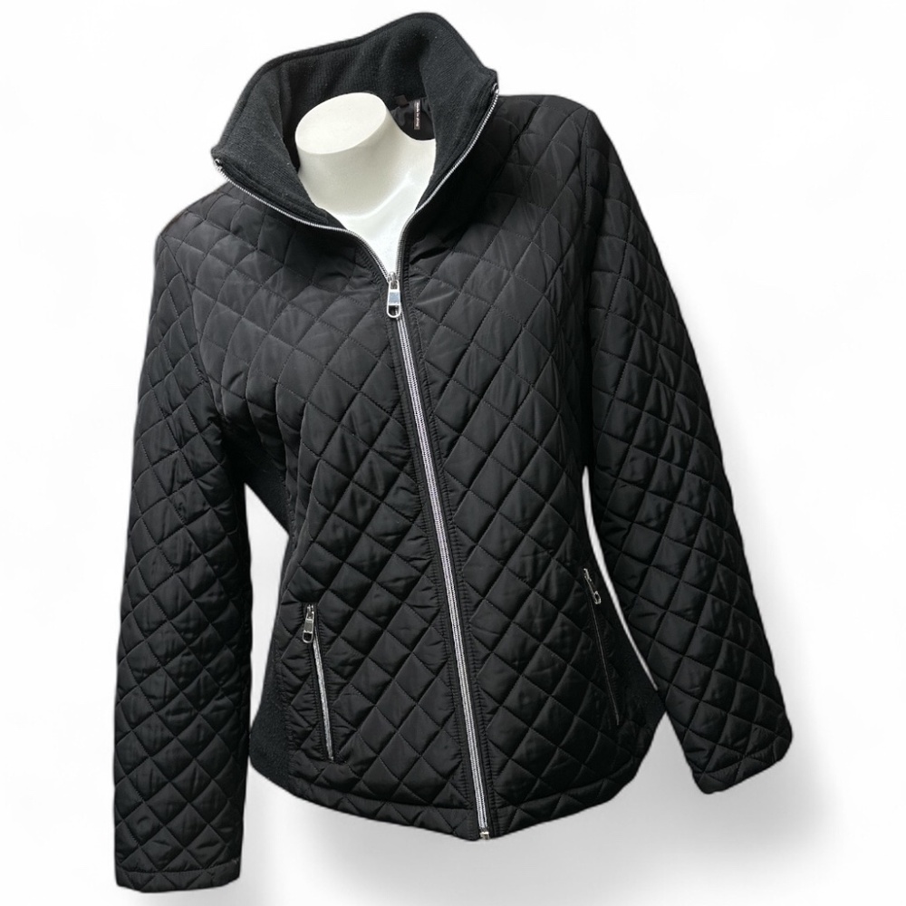 CALVIN KLEIN Women's L Black Diamond Quilted Long-Sleeved High-Collard Jacket